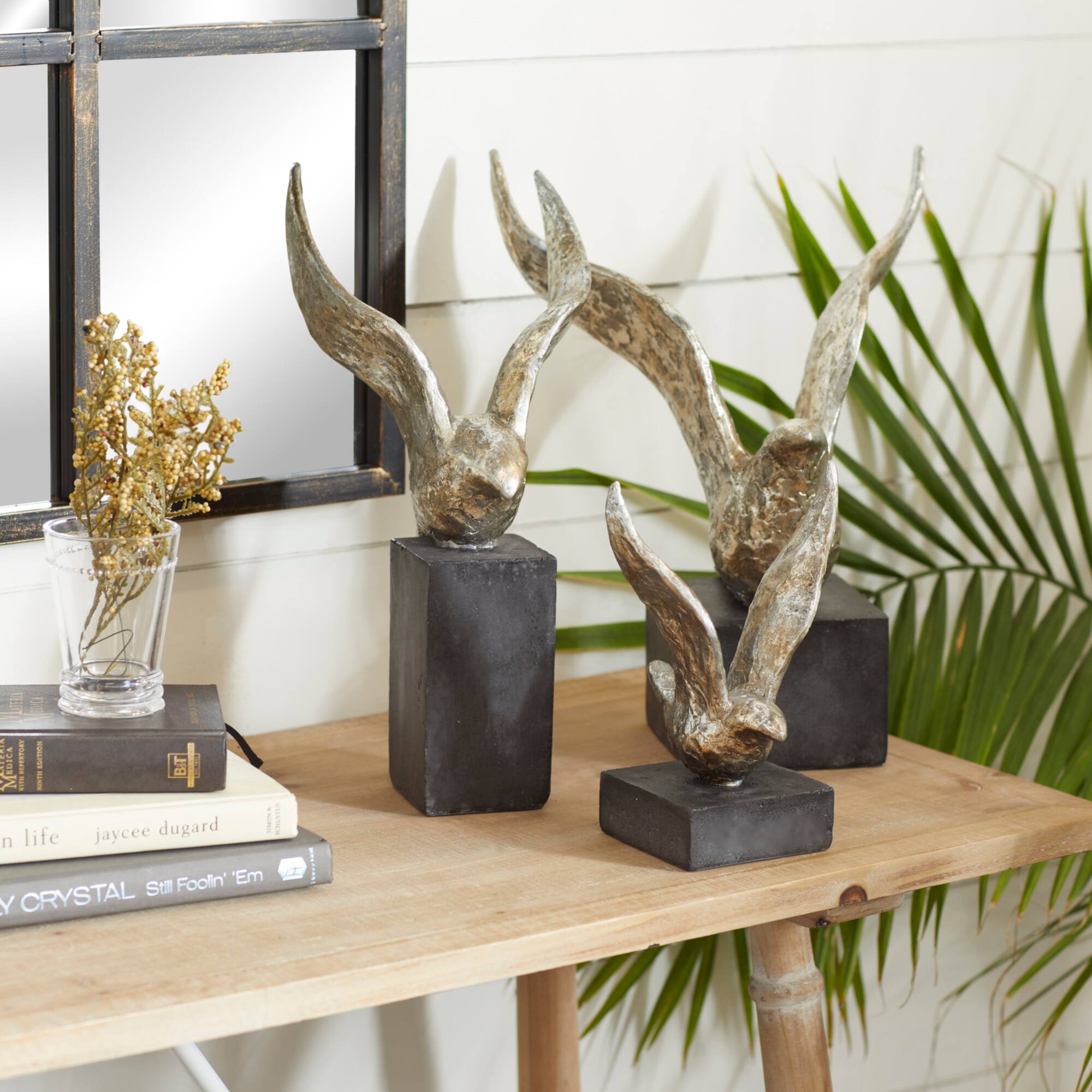 Set of 3 Silver Polystone Contemporary Sculpture, 14", 9", 14"